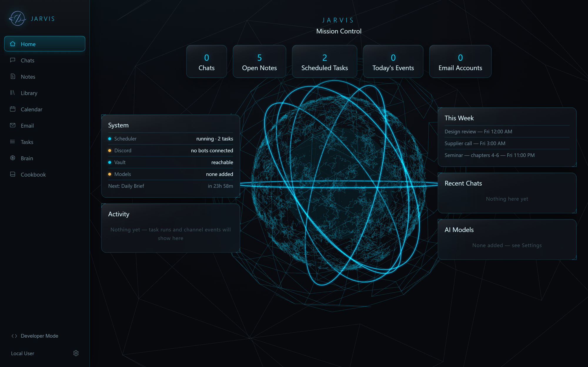 JARVIS Mission Control home screen